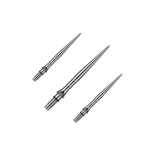 Abgebildet sind Winmau Switch Point Wave Silver Effect Steeldartspitzen mit 26 mm Länge als Set. Die Steeldartspitzen sind im silbernen Wellendesign gestaltet.