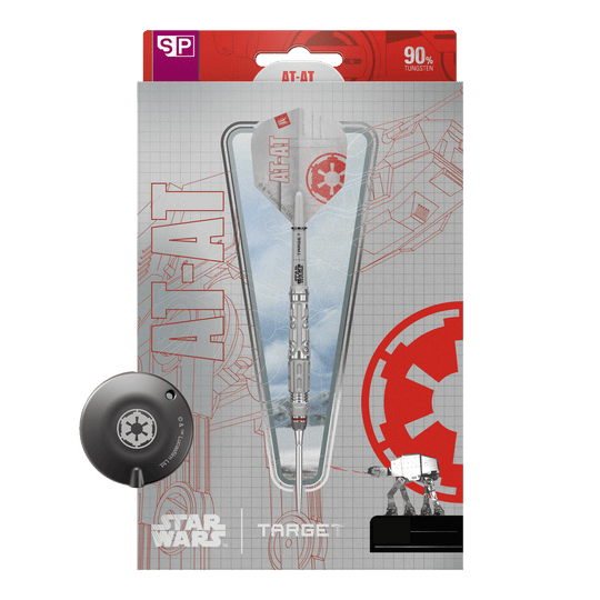 Dieses Bild zeigt die Target Star Wars AT-AT Swiss Point Steeldarts. Die Abbildung präsentiert die besonderen Merkmale der Pfeile.