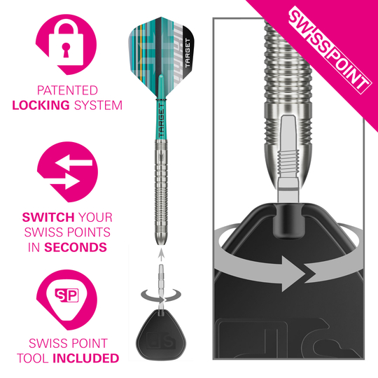 Abgebildet sind die Target Hydro 03 Swiss Point Steeldarts. Die Darts sind klar und im Fokus fotografiert.