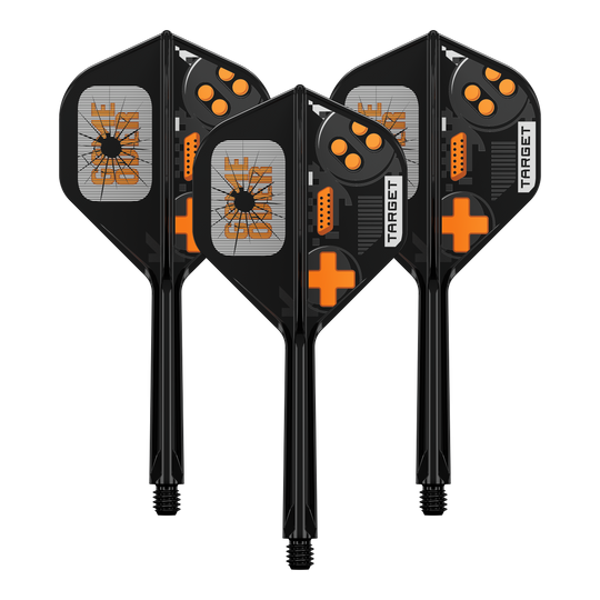 Das Bild zeigt das Produkt 410581_Target_K-Flex_GameOver_No2_Standard_Flights_33mm_1Set. Es ist wahrscheinlich ein Set von Dart-Flights oder ähnlichem Zubehör.