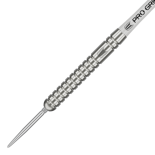 Target Rob Cross Voltage Swiss Point Steel Darts Das Bild zeigt einen silbernen Steeldart mit gerilltem Griff und spitzer Metallspitze. Auf dem Schaft steht "PRO GRIP" geschrieben.