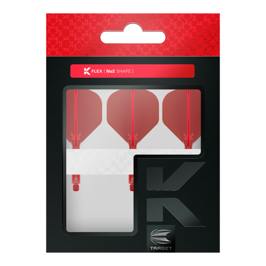 Target K-Flex No2 Standard Flight System - Red Die Abbildung zeigt eine Packung mit drei roten Dart-Flights von Target in der Form No2. Die Verpackung ist überwiegend schwarz mit einem roten oberen Abschnitt und einem Sichtfenster.