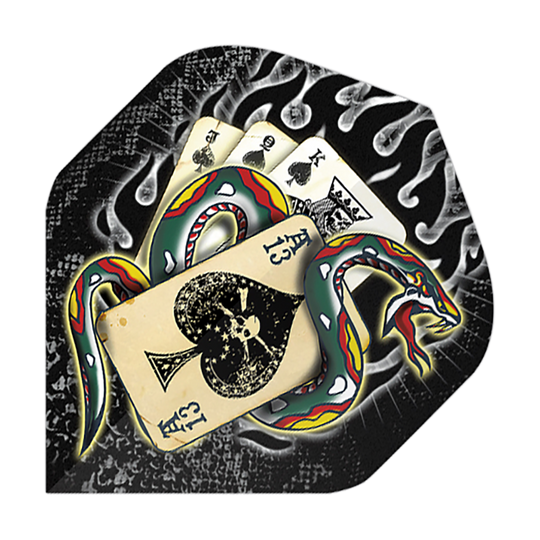 Das Bild zeigt ein buntes Schlangenmuster, das sich um eine Hand von Spielkarten windet. Im Hintergrund sind Flammen und ein schwarzer, strukturierter Hintergrund zu sehen.