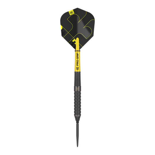 Target Bolide Void 02 Swiss Point steel darts Das Bild zeigt einen Target Bolide Void 02 Swiss Point Steeldart. Der Dartpfeil ist schwarz mit gelben Akzenten und hat eine strukturierte Griffoberfläche.