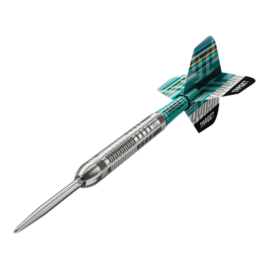 Die Target Hydro 03 Swiss Point Steeldarts sind auf dem Bild zu sehen. Die Nahaufnahme hebt die Details der Darts hervor.