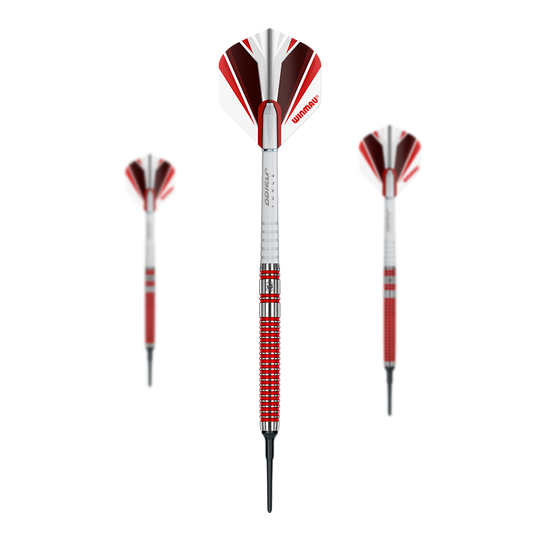 Winmau Overdrive Softdarts - 20g Das Bild zeigt drei Winmau Overdrive Softdarts mit einem Gewicht von 20g. Die Darts haben rote und silberne Details sowie eine rot-weiße Flights.