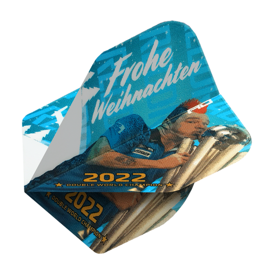 WF-6_Red_Dragon_Merry_Christmas_Flights_Snakebite_2022_2 Das Bild zeigt ein Dart-Flight mit dem Aufdruck "Frohe Weihnachten" und einem Bild eines Dartspielers. Außerdem steht "2022 Double World Champion" darauf.