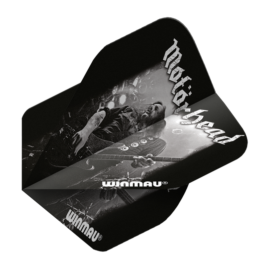 6905-209_Winmau_Rockstar_Legends_Mot-rhead_Lemmy_Standard_Flights_2 Das Bild zeigt ein Dartflight mit dem Motiv der Band Motörhead und dem Schriftzug "Winmau". Auf dem Flight ist ein Schwarz-Weiß-Bild von Lemmy, dem legendären Sänger von Motörhead, abgebildet.