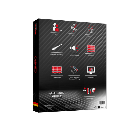 Elektronische Dartscheibe Karella CB 50 Turnierausführung Die Abbildung zeigt die Verpackung der elektronischen Dartscheibe Karella CB 50 Turnierausführung. Auf der Rückseite sind die wichtigsten Produkteigenschaften und Funktionen grafisch dargestellt.