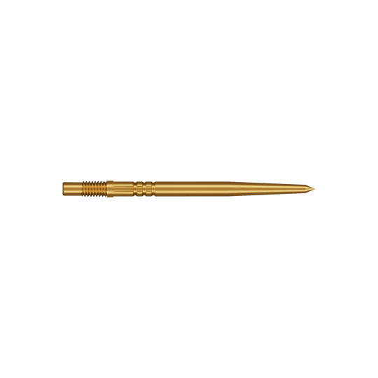 Shot Turbo Point Dart Tips - Gold Abgebildet sind zwei kurze Dartspitzen in goldener Farbe. Die Spitzen sind robust und glänzend.