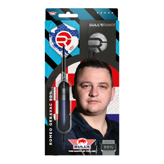 Bulls NL Romeo Grbavac soft darts - 19g Die Verpackung zeigt die Softdarts "Bulls NL Romeo Grbavac" mit einem Gewicht von 19g. Auf der Vorderseite ist auch das Bild eines Mannes und das Logo von Bulls abgebildet.