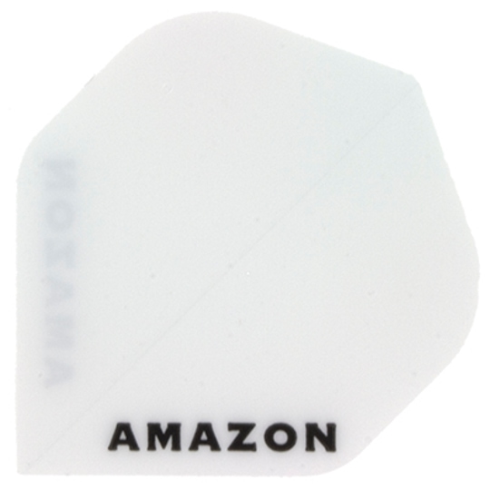 a3 Das Bild zeigt ein weißes Dartflugblatt mit der Aufschrift "AMAZON" in schwarzer Schrift. Es handelt sich um das Produkt "Amazon Flights A3".