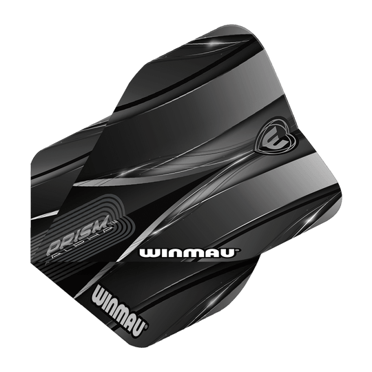 Das Bild zeigt das Produkt "Winmau Alpha Sniper Black Standard Flights". Die Flights sind schwarz mit silbernen und grauen Designelementen und tragen das Winmau-Logo.