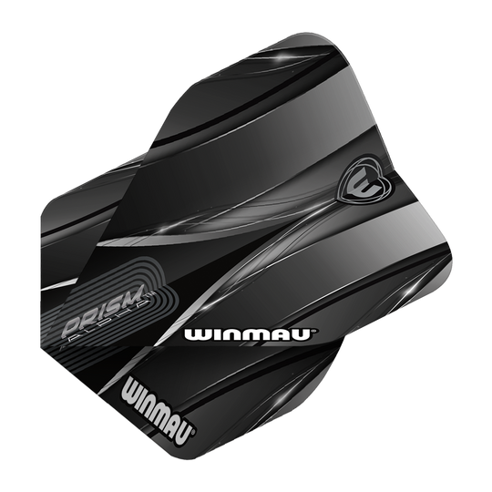 Winmau Alpha Sniper Black Standard Flights Das Bild zeigt das Produkt "Winmau Alpha Sniper Black Standard Flights". Die Flights sind schwarz mit silbernen und grauen Designelementen und tragen das Winmau-Logo.