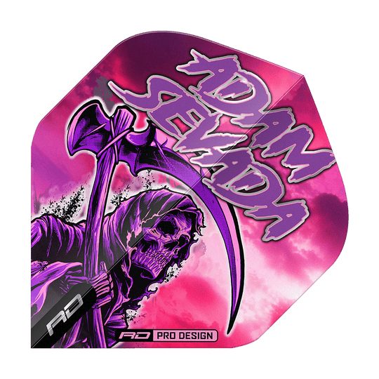 Red Dragon Hardcore Adam Sevada Premium No2 Standard Flights Das Bild zeigt das Produkt "Red Dragon Hardcore Adam Sevada Premium No2 Standard Flights". Auf dem Flight ist ein düsteres Sensenmann-Motiv vor einem pink-violetten Hintergrund mit dem Schriftzug "Adam Sevada" zu sehen.