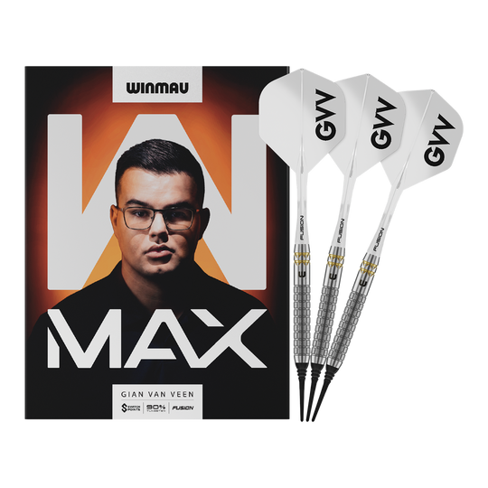 Winmau Gian Van Veen W-MAX soft darts - 18g Winmau Gian Van Veen W-MAX Softdarts - 18g werden vollständig dargestellt. Alle Details der drei Darts sind sichtbar.