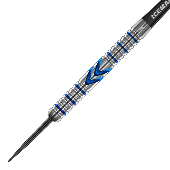 Red Dragon Gerwyn Price Iceman Midnight Edition steel darts Das Bild zeigt einen Steeldart mit silberner Oberfläche und blauen Akzenten. In der Mitte befindet sich ein markantes blaues Muster in Pfeilform.