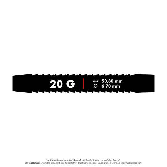 Das Bild zeigt die Produktangaben der Red Dragon Razor Edge Elite Softdarts mit einem Gewicht von 20 Gramm. Die Darts haben eine Länge von 50,80 mm und einen Durchmesser von 6,70 mm.