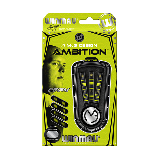 1233_Winmau_Michael_Van_Gerwen_MvG_Ambition_Steeldarts_3 Das Bild zeigt die Verpackung der "Winmau Michael Van Gerwen MvG Ambition Steeldarts". Auf der Verpackung sind die Darts sowie das Porträt von Michael Van Gerwen abgebildet.