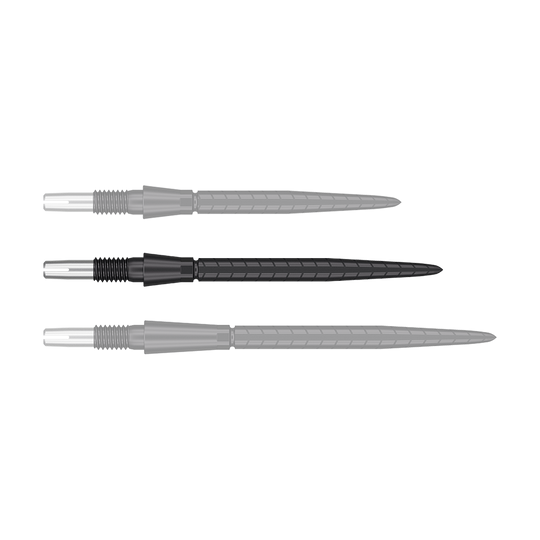 Target Swiss Storm Quartz Dart Tips - Black Das Bild zeigt drei schwarze Dartspitzen, die nebeneinander angeordnet sind. Die Spitzen haben einen silbernen Ansatz und sind länglich geformt.