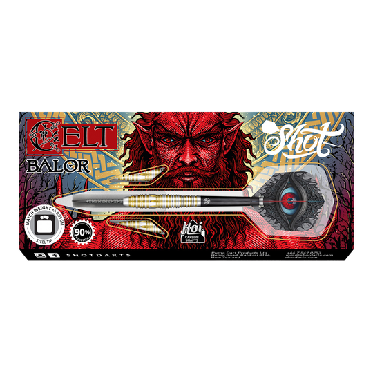 Shot Celt Balor Steeldarts Das Bild zeigt die Verpackung der "Shot Celt Balor Steeldarts". Im Hintergrund ist ein auffälliges, rotes Fantasy-Gesicht und kunstvolles Design zu sehen.