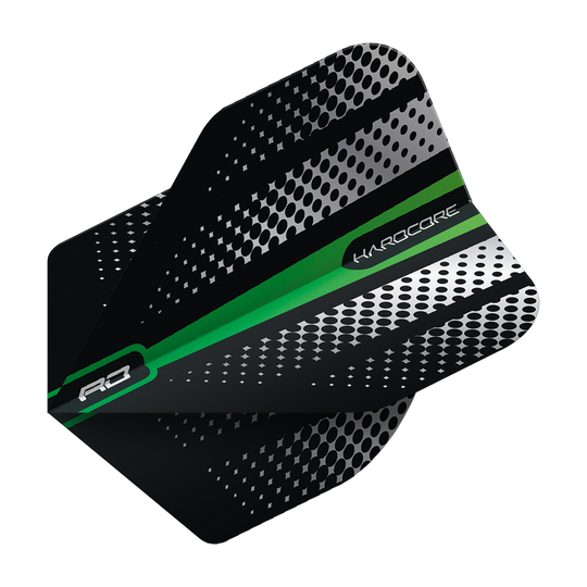 TF6508_Red_Dragon_Hardcore_Radical_Green_Flash_Standard_Flights_2 Das Bild zeigt das Produkt "Red Dragon Hardcore Radical Green Flash Standard Flights". Die Dart-Flight ist schwarz mit silbernen Punkten und einem grünen Streifen.