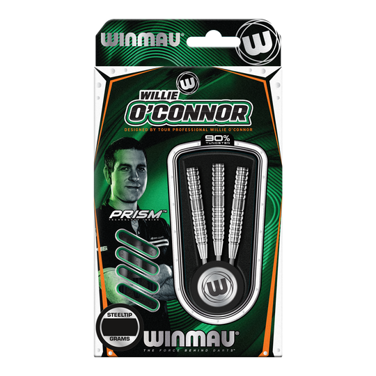 Winmau Willie OConnor Steel Darts - 23g Die Verpackung zeigt die Winmau Willie O’Connor Steeldarts mit einem Gewicht von 23 Gramm. Im Inneren sind drei silberne Steeldarts zu sehen.