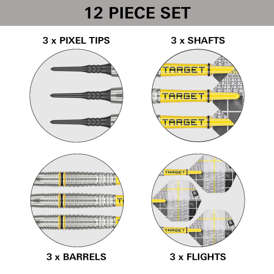 Target Scott Williams GEN2 soft darts - 18g Das Bild zeigt ein 12-teiliges Softdart-Set mit dem Namen "Target Scott Williams GEN2 Softdarts - 18g". Es enthält 3 Pixelspitzen, 3 Schäfte, 3 Barrels und 3 Flights.