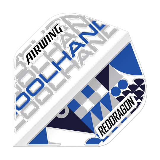 Red Dragon Airwing Luke Humphries White Standard Flights Das Bild zeigt das Produkt "Red Dragon Airwing Luke Humphries White Standard Flights". Das Flight ist überwiegend weiß mit blauen und schwarzen grafischen Elementen sowie der Aufschrift "AIRWING" und "REDDRAGON".