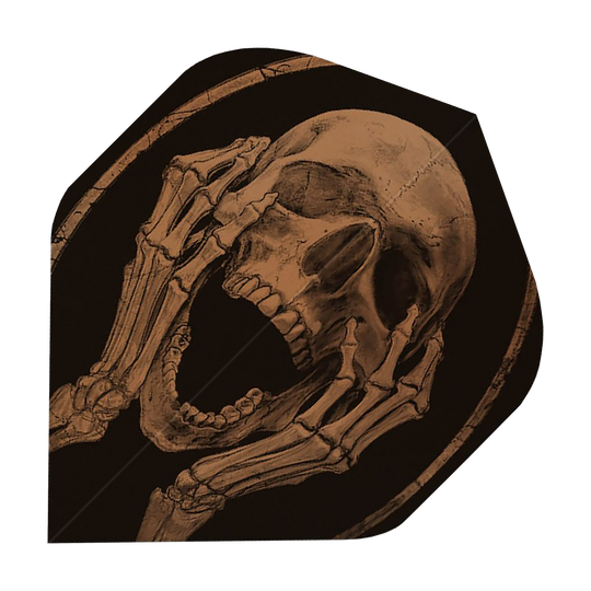 ALC19_Alchemy_The_Scream_Standard_Flights_1 Das Bild zeigt eine Dart-Flightscheibe mit dem Motiv eines schreienden Schädels. Die Grafik ist in dunklen Tönen gehalten und wirkt mystisch und eindrucksvoll.