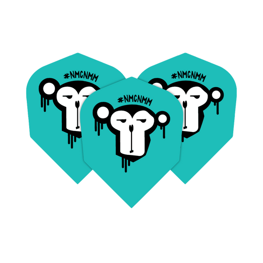 Not My Circus Not My Monkeys NMCNMM Standard Flights Das Bild zeigt drei türkisfarbene Darts-Flights mit dem Aufdruck eines stilisierten Affengesichts. Über dem Affenkopf steht die Abkürzung "#NMCNMM".