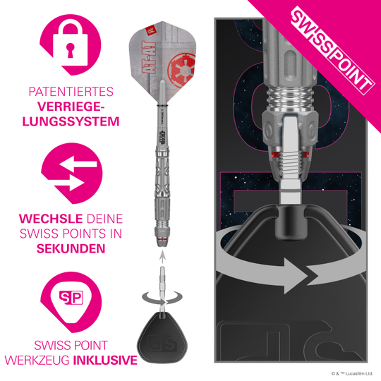 Hier sind die Target Star Wars AT-AT Swiss Point Steeldarts abgebildet. Die Darts haben ein einzigartiges Design aus dem Star Wars Universum.
