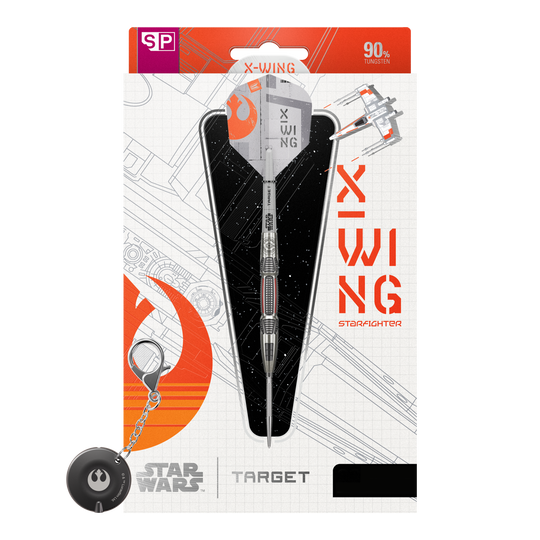 Target Star Wars X-Wing Swiss Point Steel Darts Zu sehen ist das Produkt Target Star Wars X-Wing Swiss Point Steeldarts. Diese Steeldarts sind inspiriert von dem berühmten X-Wing aus Star Wars.