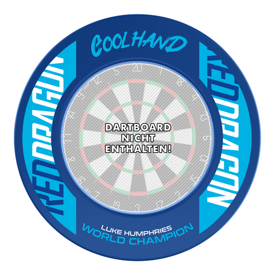 Red Dragon Luke Humphries World Champion Dartboard Surround Dies ist das Produkt "Red Dragon Luke Humphries World Champion Dartboard Surround" in blauer Farbe. In der Mitte steht: "Dartboard nicht enthalten!"