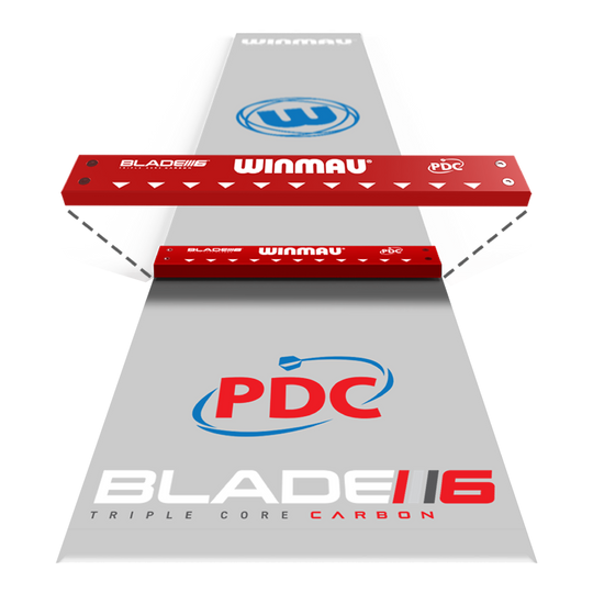 Winmau Clearzone PVC dart mat with oche Das Bild zeigt die "Winmau Clearzone PVC Dartmatte mit Oche". Auf der Matte sind die Logos von Winmau, PDC und Blade 6 zu sehen.