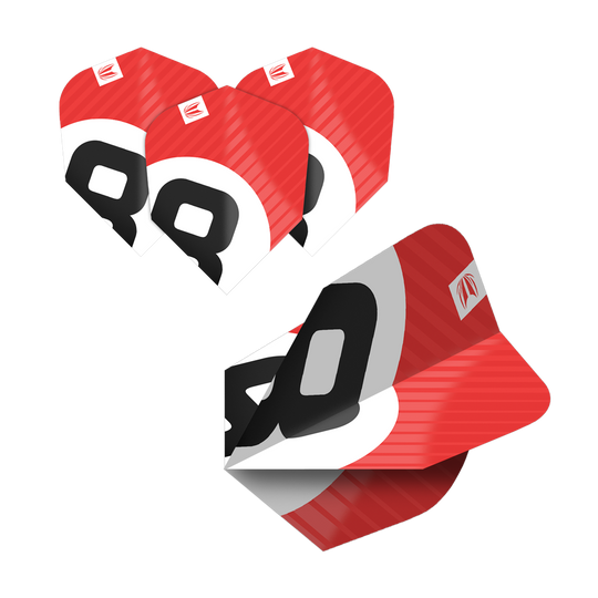 337206_Target_ProUltra_5Sets_Multipack_Chicane_Ten-X_Flights_3eBBUiaZxae2wc Das Bild zeigt fünf Sets der Target Pro Ultra Chicane Multipack Ten-X Dartflights. Die Flights sind rot, schwarz und weiß gestaltet und tragen eine auffällige Nummer 80.