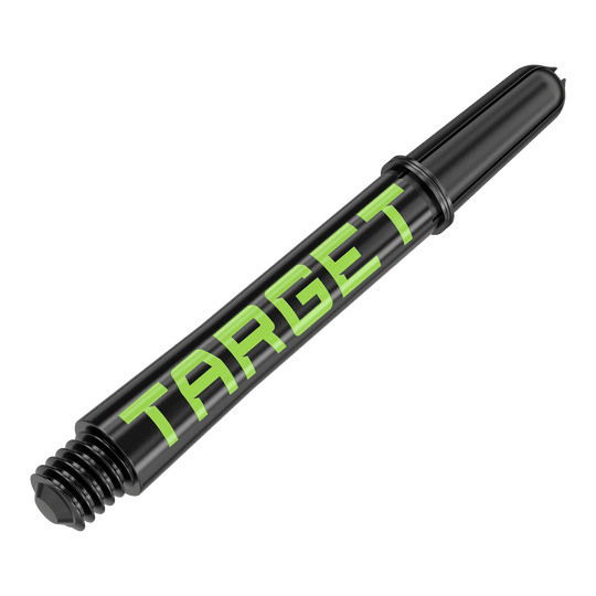 Target Pro Grip TAG Shafts - 3 Sets - Black Green Zwei Dart-Schäfte in einheitlichem Design werden gezeigt. Die Aufnahme richtet sich auf Details der Ausführung.