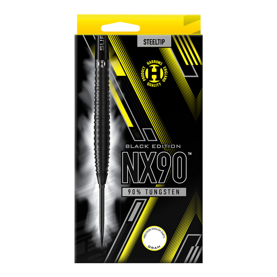 Harrows NX90 Black Edition Tapered Quick Point Steel Darts Die Abbildung zeigt die Harrows NX90 Black Edition Tapered Quick Point Steeldarts. Sie haben eine elegante, konische Silhouette und sind komplett schwarz.