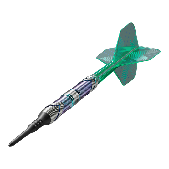 Dies ist der Target Japan Kaze Series Ceros 03 Softdart mit einem Gewicht von 19g. Der Dart hat ein auffälliges Design mit grünen Flights und einem strukturierten Barrel.