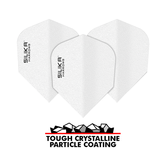 Das Bild zeigt drei weiße Dartflights mit der Aufschrift "SILIKA HARROWS". Darunter steht "TOUGH CRYSTALLINE PARTICLE COATING" zusammen mit einer grafischen Darstellung von Kristallen.