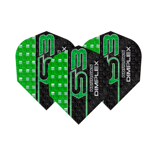 Harrows Dimplex S3 Flights - Green Das Bild zeigt drei grüne und schwarze Dart-Flights des Modells "Harrows Dimplex S3". Auf den Flights steht der Text "Harrows Dimplex S3" in grüner und weißer Schrift.
