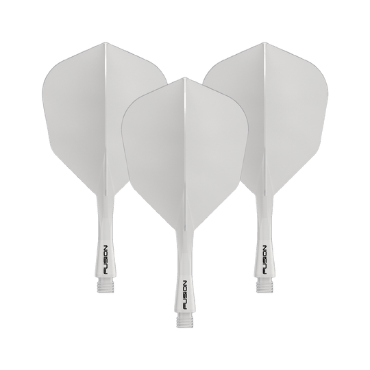 Gezeigt wird das Winmau Fusion Flight Shaft System No6 in Solid White, 22mm (1 Set). Es ist ein weißes Zubehörteil für Dartpfeile.