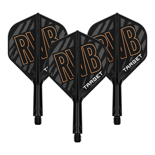 Target K-Flex Raymond Van Barneveld No2 Standard Flight Shaft System Auf dem Bild sind drei schwarze Dart Flights mit dem orangefarbenen Schriftzug "RVB" zu sehen. Unten auf den Flights steht in weißer Schrift das Wort "TARGET".