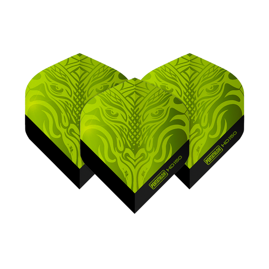 Pentathlon HD150 Metallic Green Standard Flights Das Bild zeigt drei grüne Dart-Flights mit einem metallic Muster. Auf den Flights steht "Pentathlon HD150" geschrieben.