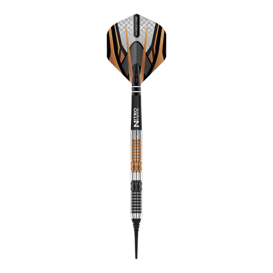 Red Dragon Panterra soft darts - 20g Das Bild zeigt einen Red Dragon Panterra Softdart mit einem Gewicht von 20g. Der Dart hat ein markantes Design mit schwarzen, goldenen und silbernen Elementen.