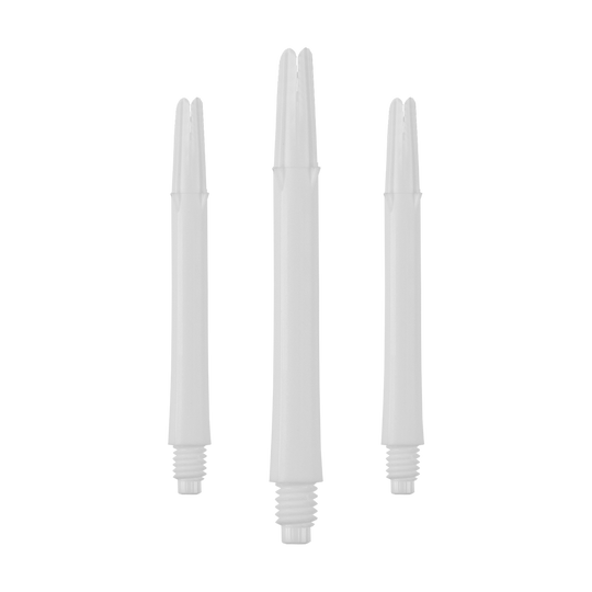 Das Bild zeigt drei weiße, gerade Dartschäfte mit Gewinde. Sie stehen aufrecht und sind ohne Kappen dargestellt.