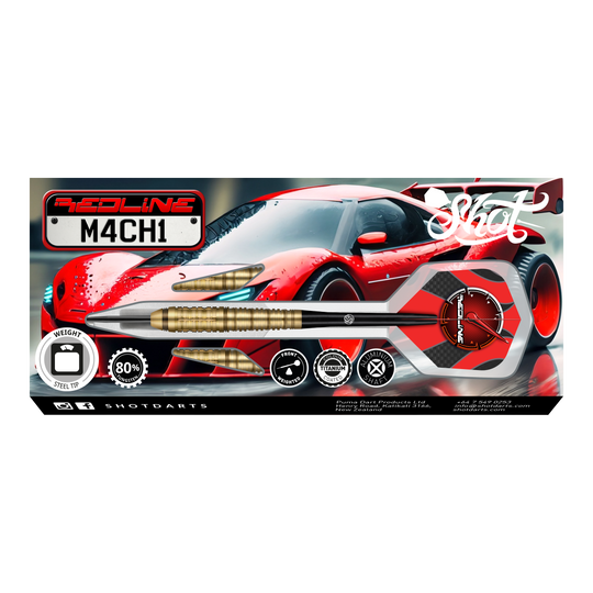 Shot Redline Mach 1 steel darts Das Bild zeigt die Verpackung der "Shot Redline Mach 1 Steeldarts" vor einem roten Sportwagen. Auf der Verpackung sind die Darts sowie verschiedene Produktsymbole und das Logo gut sichtbar abgebildet.