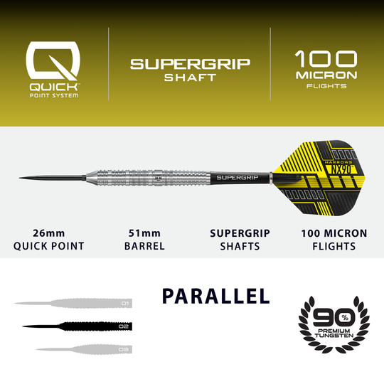 Abgebildet sind die Harrows NX90 Parallel Quick Point Steeldarts. Diese Steeldarts eignen sich für den ambitionierten Dartspieler.