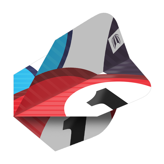 337218_Target_ProUltra_3Sets_Chicane_Blue_Ten-X_Flights_2 Das Bild zeigt die Target Pro Ultra Chicane Blue Ten-X Flights in einem farbenfrohen Design. Es sind drei Sets von Dartflights abgebildet, die Rot, Blau und Grau als Hauptfarben haben.