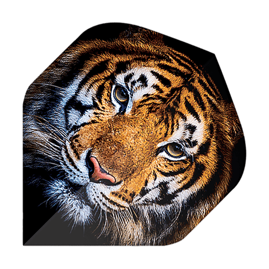 Pentathlon Flights Tiger Das Bild zeigt einen Dartflug mit dem Motiv eines realistisch gezeichneten Tigerkopfes. Es handelt sich um das Produkt "Pentathlon Tiger No2 Standard Flights".
